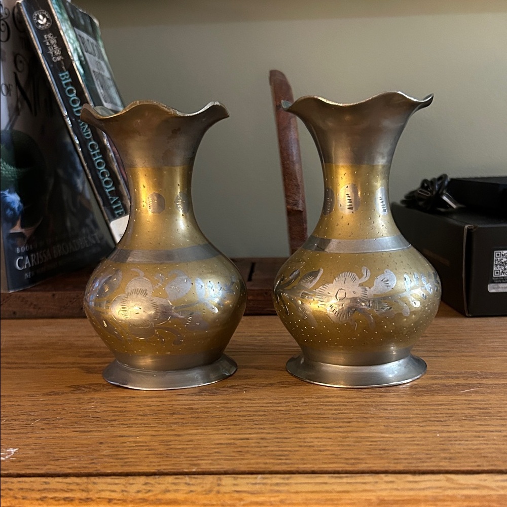A pair of ornate engraved brass vases with bird and floral motifs - solid brass